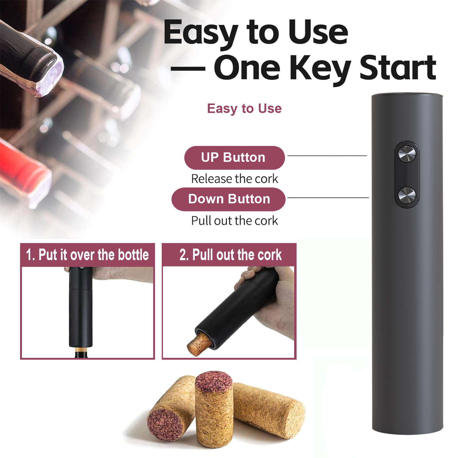 Wine Opener Electric - Elektryczny otwieracz do wina, czarny korkociąg